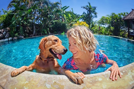 femme avec chien dans la piscine